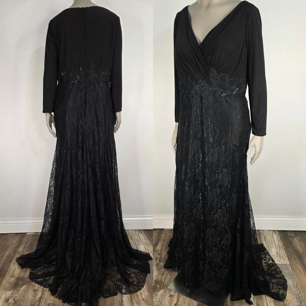 Mac Duggal Black Lace Evening Gown Beaded Formal Dress Mother of the Bride 16W